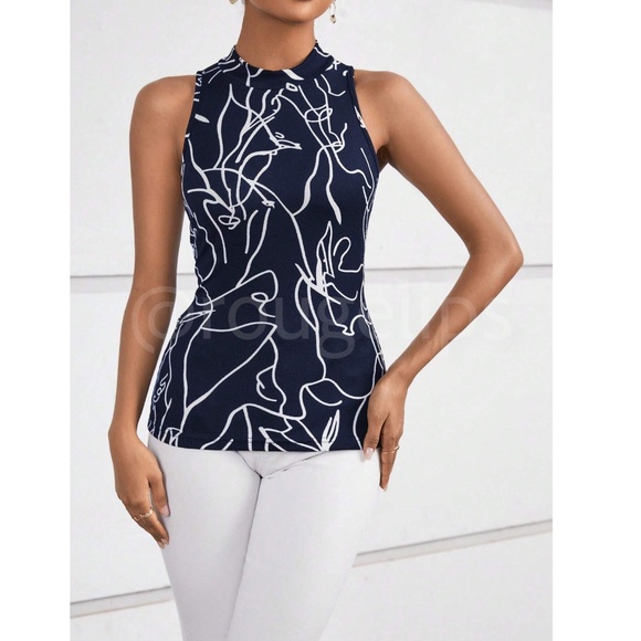 Abstract Face Print Navy Blue Sleeveless Top Slim Fit High Neck - Picture 3 of 8